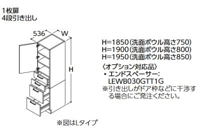 画像1: TOTO トールキャビネット 【LTSWB025BN R/L 1A】 サクア 1枚扉4段引き出し 間口250 洗面ボウル高さ800 扉カラー ホワイト 受注生産品 [♪■§]