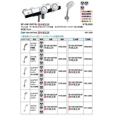 画像2: INAX/LIXIL　BF-HW156TSL　プッシュ式 サーモスタット付シャワーバス水栓 エコアクアスプレーシャワー(めっき仕様) 逆止弁付 一般地用 [★]