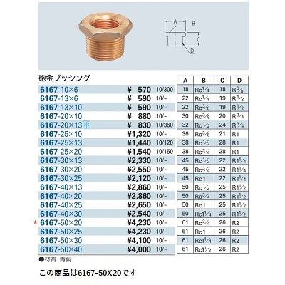 画像2: 水栓金具 カクダイ　6167-50×20　砲金ブッシング [□]