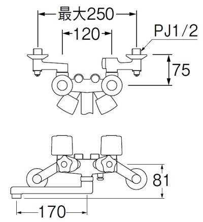 画像2: 水栓金具 三栄水栓　K161-W-13　壁付ツーバルブ ソーラ4バルブ混合栓 ソーラー用