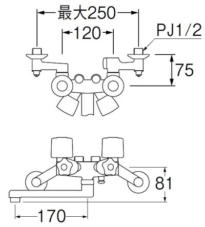 画像2: 水栓金具 三栄水栓　SK161-W-13　壁付ツーバルブ ソーラ4バルブシャワー混合栓 ソーラー用