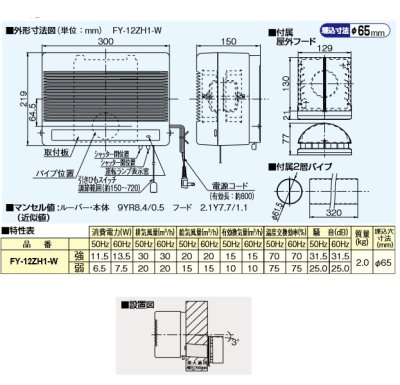 画像3: 【在庫あり】パナソニック　FY-12ZH1-W　換気扇 壁掛形 気調・熱交換形 1パイプ式 手動式シャッター 温暖地・準寒冷地用 [♭☆2]