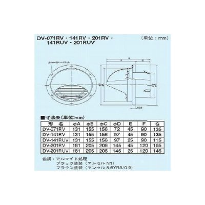 画像2: 日本キヤリア/旧東芝 換気扇 システム部材 丸型パイプフード 【DV-141RV（T）】 φ100用 アルミ製（ガラリ付） ブラウン