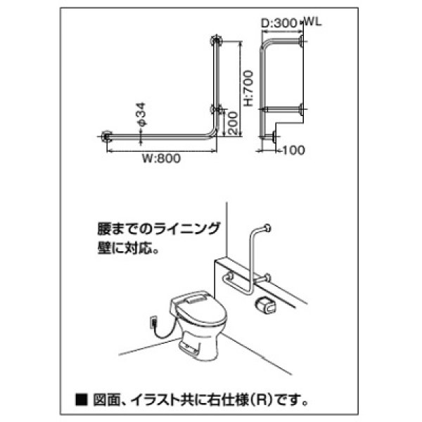 画像2: INAX/LIXIL　KF-922AER80J　トイレ関連 多用途用手すり L型 922タイプ 樹脂被覆タイプ 右仕様 受注生産品 [◇] (2)