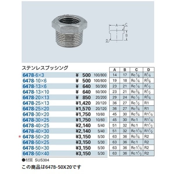 画像2: 水栓金具 カクダイ　6478-50×20　ステンレスブッシング [□] (2)