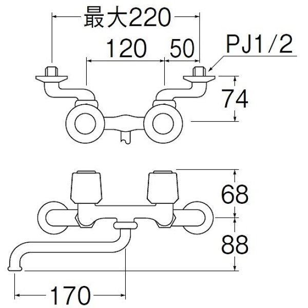 画像2: 水栓金具 三栄水栓　K11-W-13　壁付ツーバルブ ツーバルブ混合栓 共用形 キッチン用 (2)