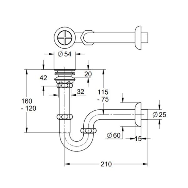 画像2: グローエ　JPK09500　パーツ 手洗器用 排水金具 Pトラップ付 目皿なし トラップ寸法210mm クローム [■] (2)